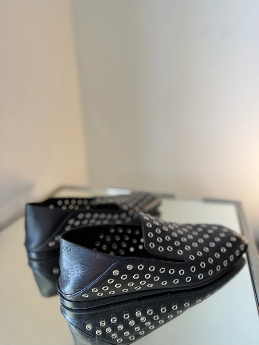 Jimmy Choo Eliot Slipper Black Metallic Nappa Leather Slippers with Eyelets